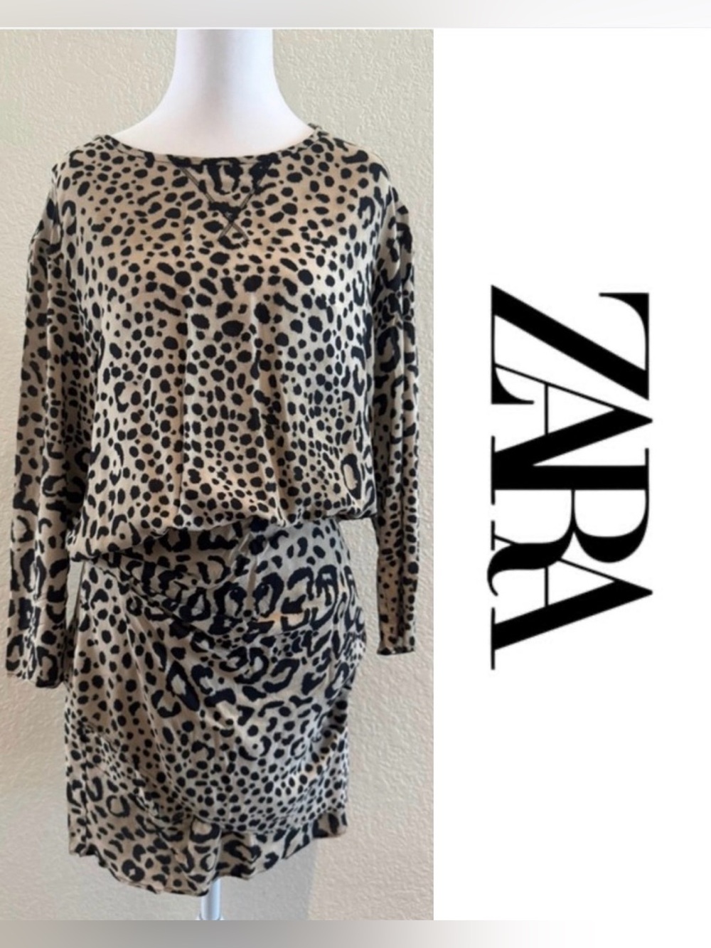 Zara Woman Leopard Animal Print Blouson Mini Dress Beige Black - Size Small